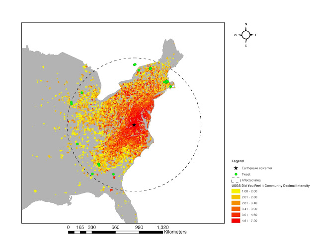  Locations of the 40 tweets in the shaded area of the figure above overlaid over the USGS CDI scale map. Tweet locations are marked as green circles. Color-coding in the graph is ranging from red (high perceived intensity) to yellow (lower perceived intensity). The dashed line shows a distance of approximately 950 km (8.5 degrees of angular distance) from the epicenter.